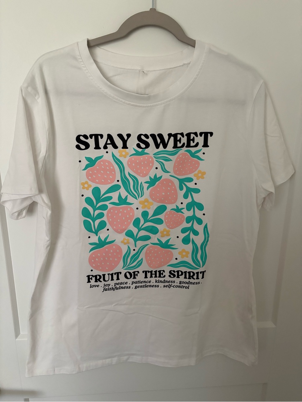 Amazon White Short Sleeve Tee with Pink Strawberries and Teal Green Leaves